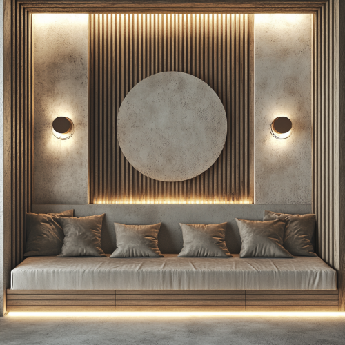 Comfortable room with bench, sign, and sconces