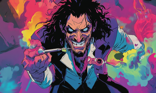 Comic book surgeon resembling John Corabi performs experiments.