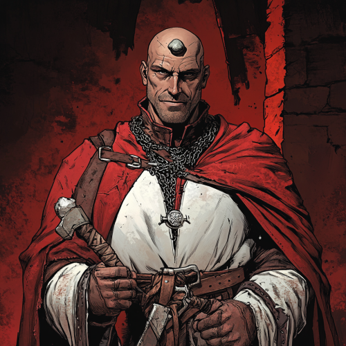 Comic style: Bald man in robe with stone and warhammer.