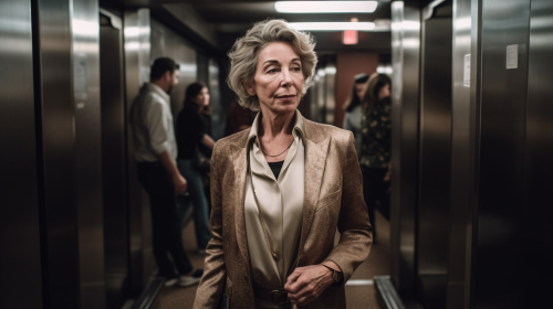 Confident 50-year-old woman leaving elevator, men stepping aside.