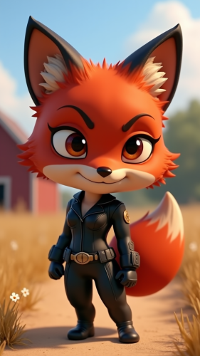 Confident Black Widow as sly red fox