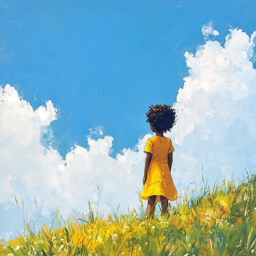 Confident Black child standing joyfully under blue sky Confident Black child standing joyfully under blue sky