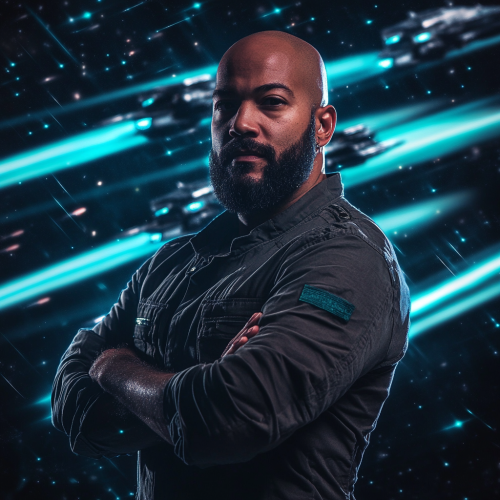 Confident Dominican man in military attire with futuristic fleet.