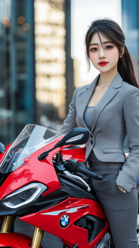 Confident Japanese Woman Leaning on Red BMW