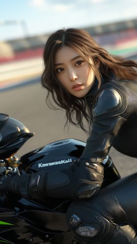 Confident Japanese Woman on Black Motorcycle at Racetrack