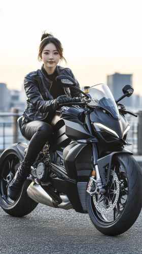 Confident Japanese Woman on Ducati in City Sunset