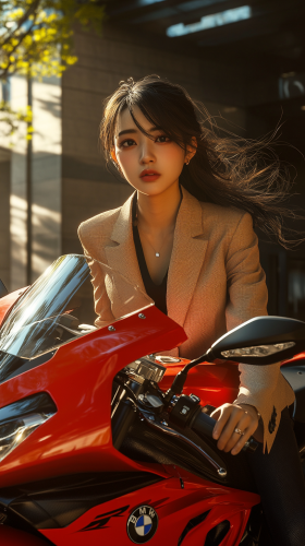 Confident Japanese woman rides red BMW at cafe