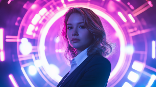 Confident Woman in High-Tech Cyberpunk Environment