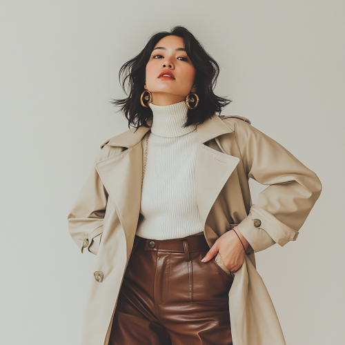 Confident Woman in Stylish Beige Outfit Poses Proudly