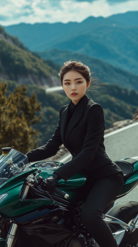 Confident Woman on Green Motorcycle in Mountain Landscape