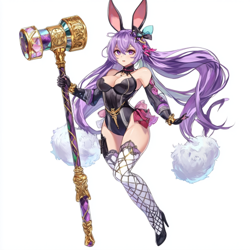 Confident anime girl with purple hair, bunny ears, hammer.
