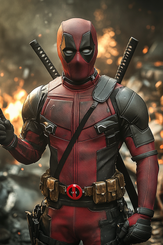 Confident anti-hero with weapons gives thumbs-up in chaos.