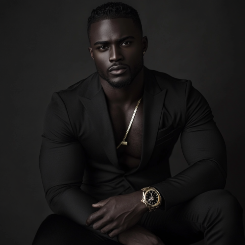 Confident black man in all-black outfit, intense pose