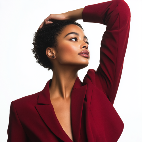Confident black woman in sleek red suit posing