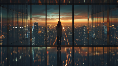Confident businesswoman in modern office overlooking city lights.