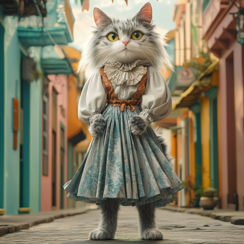 Confident cat in boho outfit on Venezuelan street.