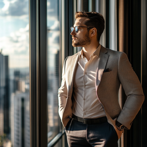 Confident executive looks out window at cityscape view