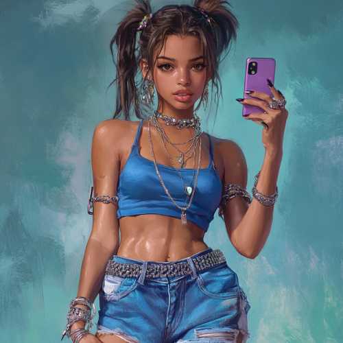 Confident girl in Y2K fashion holding phone pose.