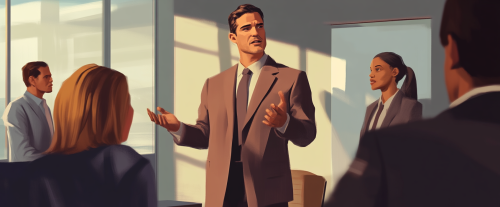 Confident leader speaking to attentive team in office.