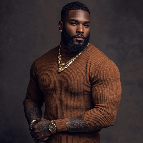 Confident man in brown, tattoos, sharp edge up.