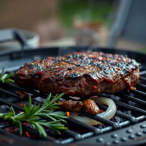 Cooking beef on charcoal grill with onion and rosemary.