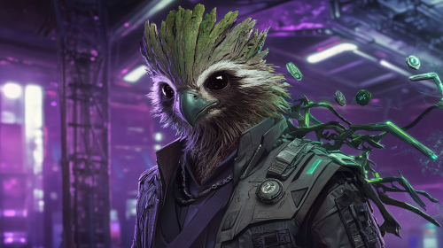 Cool Hawk-headed Groot in trendy clothes on techy background