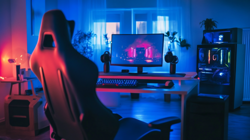 Cool gaming room with RGB lights, gaming chair.