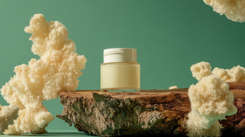 Cosmetic bottles and mushrooms on wooden backdrop