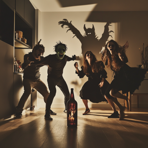 Costume party with young friends dancing at night