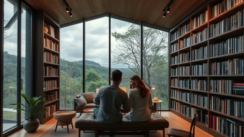 Couple Reading in Cozy Japapi Style Home Library