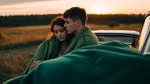 Couple covered in blanket sits in car trunk at sunset.