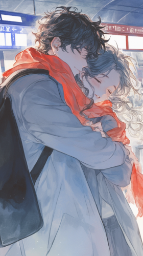 Couple hugging at airport, faces full of love.