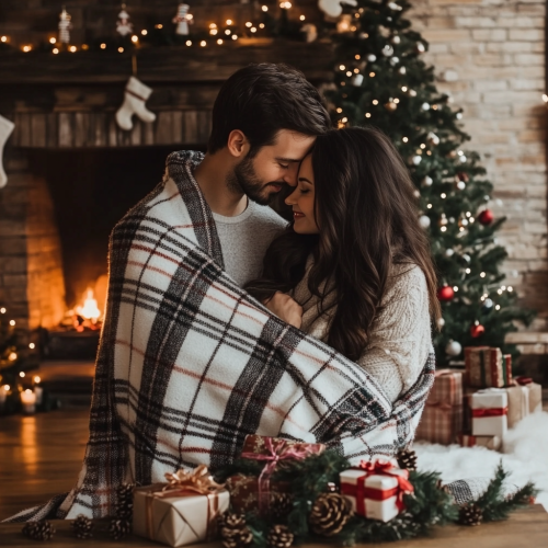 Couple in Plaid Blanket by Christmas Tree.