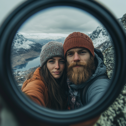 Couple taking mountain selfie with emotive faces, specialist. Couple taking mountain selfie with emotive faces, specialist.