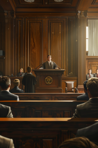 Courtroom with educator practicing speech, judge in background.