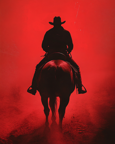 Cowboy Man in Desert on Horse, Red Background Shot