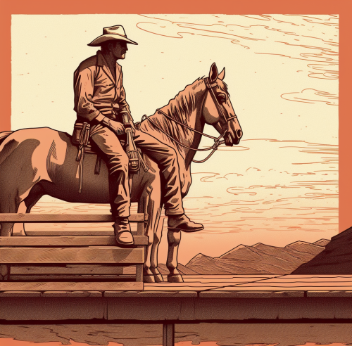 Cowboy sitting with horse on roof, vintage style.