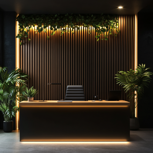 Cozy, professional office with warm lighting and plants