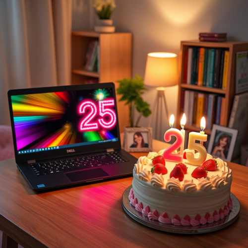 Cozy 25th Birthday Celebration with Laptop and Cake