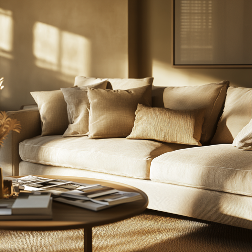 Cozy American living room with beige couch
