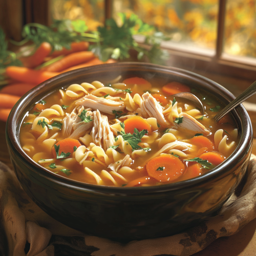 Cozy Chicken Noodle Soup in Black Bowl