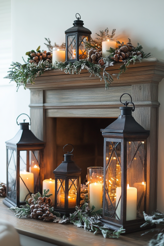 Cozy Christmas Fireplace with Lantern Glow. Cozy Christmas Fireplace with Lantern Glow.