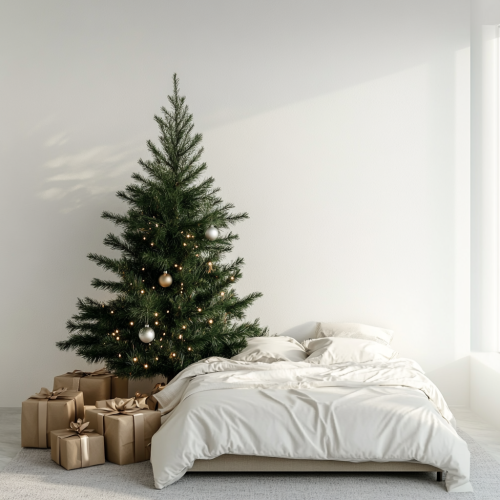 Cozy Christmas Room with Tree, Gifts, Bed