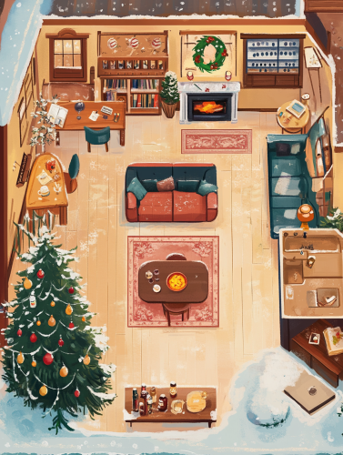 Cozy Disney-style Christmas illustration with wine and tree