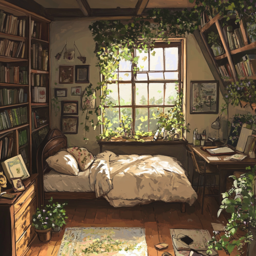 Cozy French-inspired dorm room with books and desk