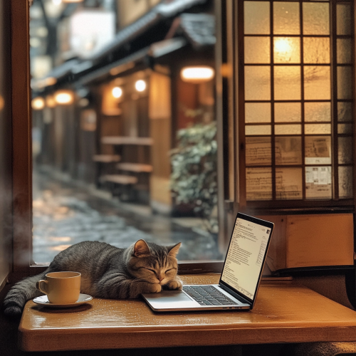 Cozy Ghibli-inspired café in Kyoto with Munchkin cat. Cozy Ghibli-inspired café in Kyoto with Munchkin cat.