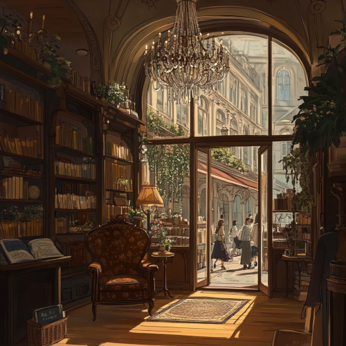Cozy Parisian interior overlooking bustling vintage shopping arcade. Cozy Parisian interior overlooking bustling vintage shopping arcade.
