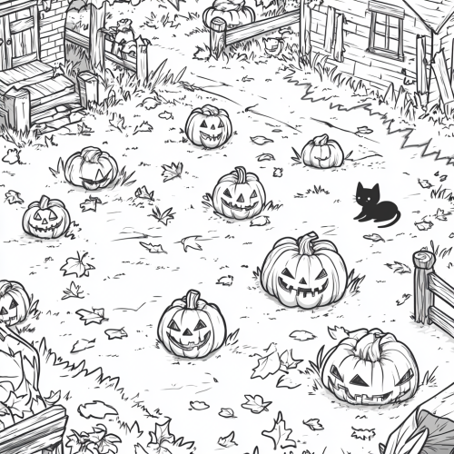 Cozy and cute pumpkin patch with jack-o'-lanterns.
