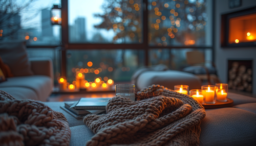 Cozy apartment with fireplace, candles, and rain outside