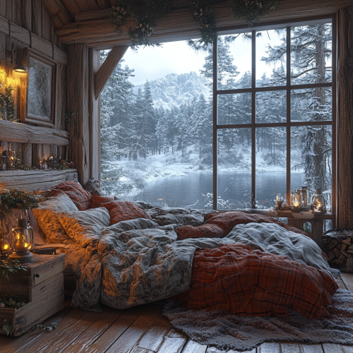 Cozy bedroom in cabin with snowy view